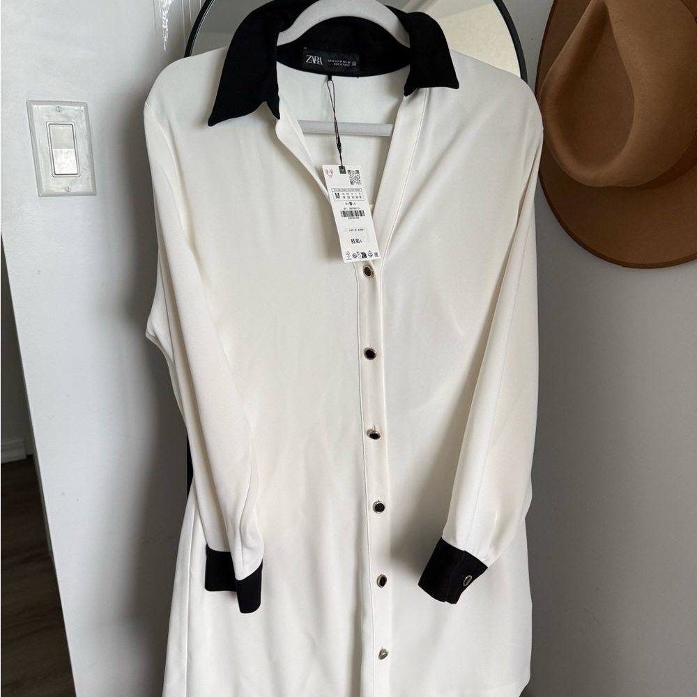 Zara Cream and Black Long Sleeve Shirt